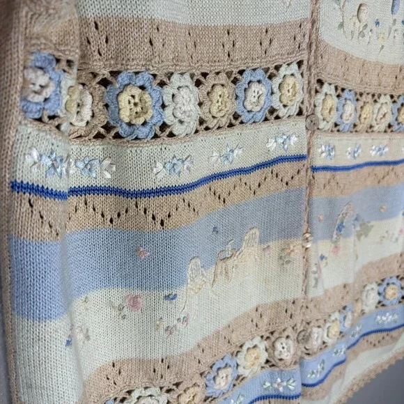 Vintage Floral Crochet Knit Button Front Vest Tan Blue MK30V92 Large grandmacore - Picture 4 of 6